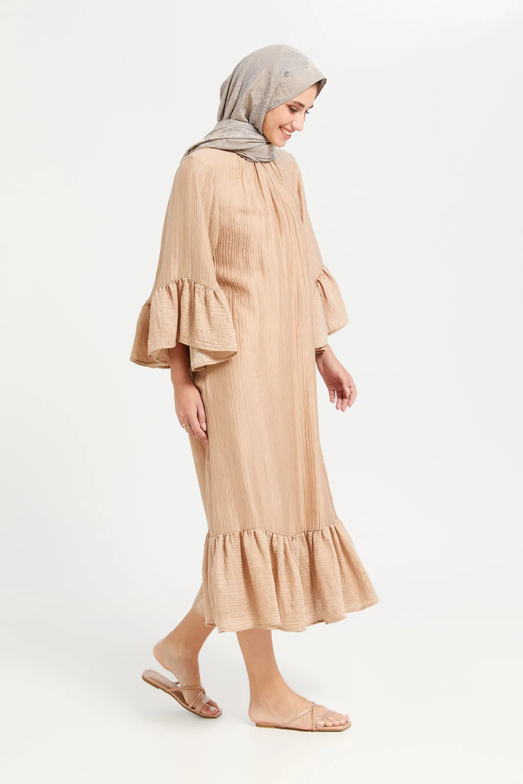 Women Apricot Textured Ruffle Detailed Midi Dress