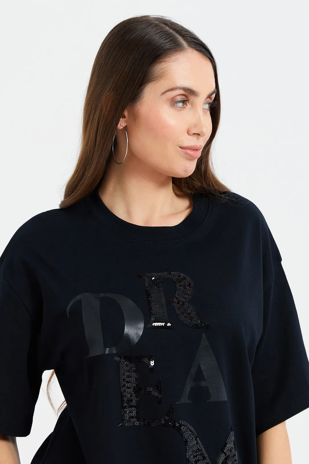 Women Black Oversized Embellished T-Shirt