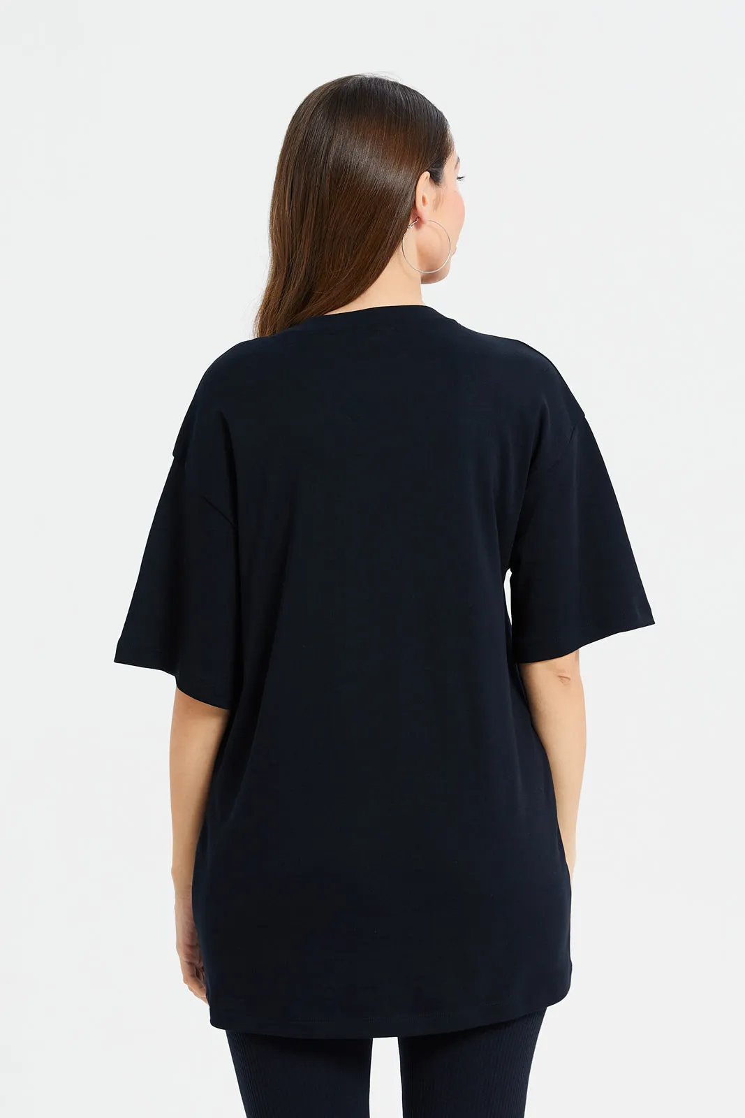 Women Black Oversized Embellished T-Shirt