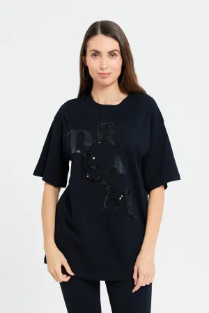 Women Black Oversized Embellished T-Shirt