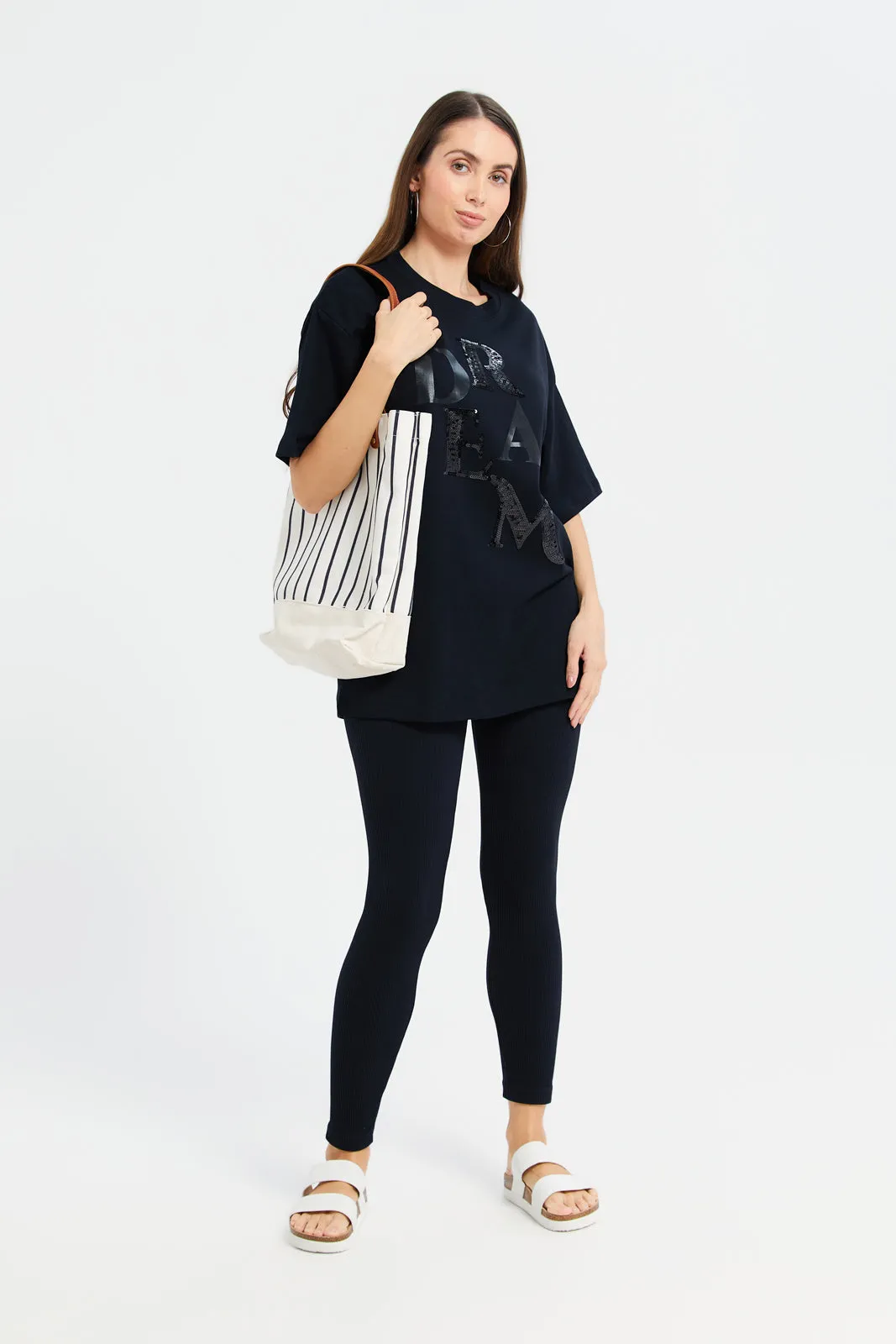 Women Black Oversized Embellished T-Shirt