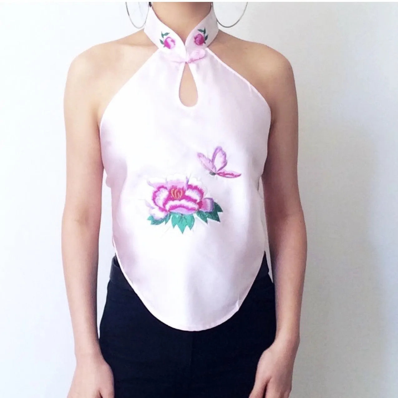 Y2K 90S 00S TREE PEONY BUTTERFLY COLLAR SILKY TOP