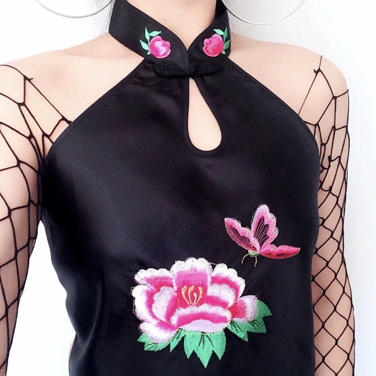 Y2K 90S 00S TREE PEONY BUTTERFLY COLLAR SILKY TOP